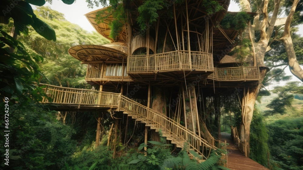 The large tropical treehouse with stair in jungle. Generative AI image AIG30.
