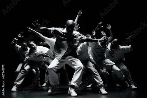 Group of breakdancers performs in unison their dance photo