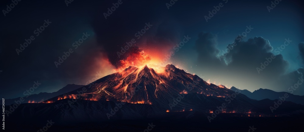 Mountain aflame in the dark