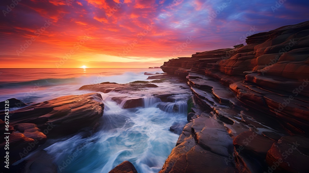Panoramic view of a beautiful seascape during sunset.