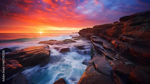 Panoramic view of a beautiful seascape during sunset.