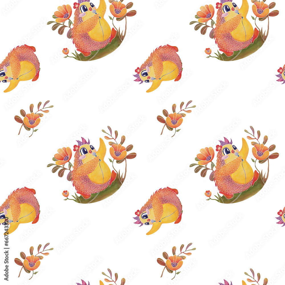 Fototapeta premium Watercolor bird background. Happy joyful sings into microphone. seamless pattern with children's musical character. holiday song congratulations. repeating texture for nursery, decor in baby bedroom