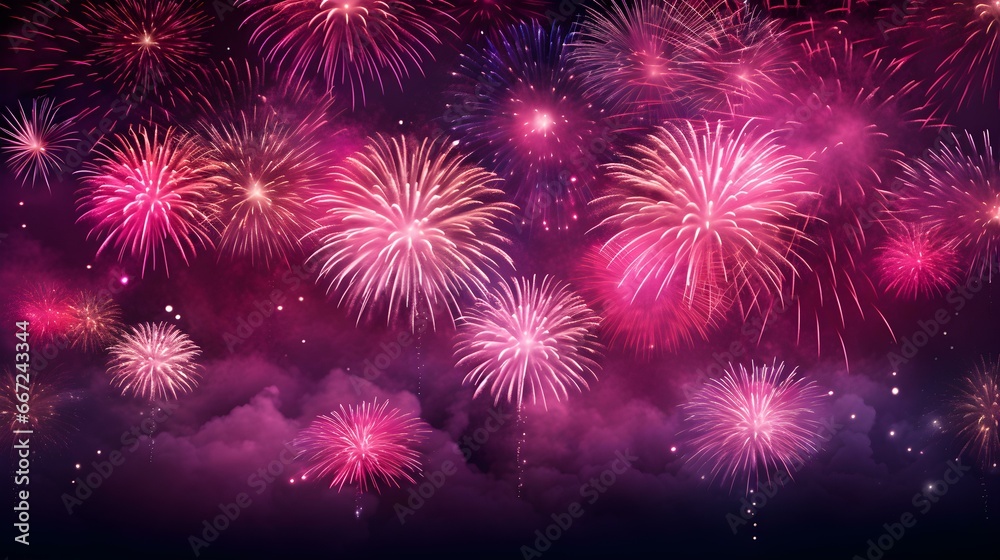Background of hot pink Fireworks. Festive Template for New Year's Eve and Celebrations