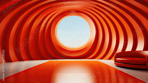 Vibrant red swirling tunnel design leading to a circular window, with a modern lounge setting
