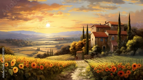 Tuscany landscape panorama with sunflowers and farmhouse