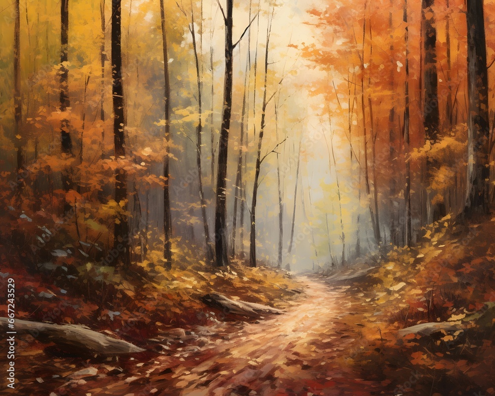 Digital painting of a road in the autumn forest with fallen leaves.