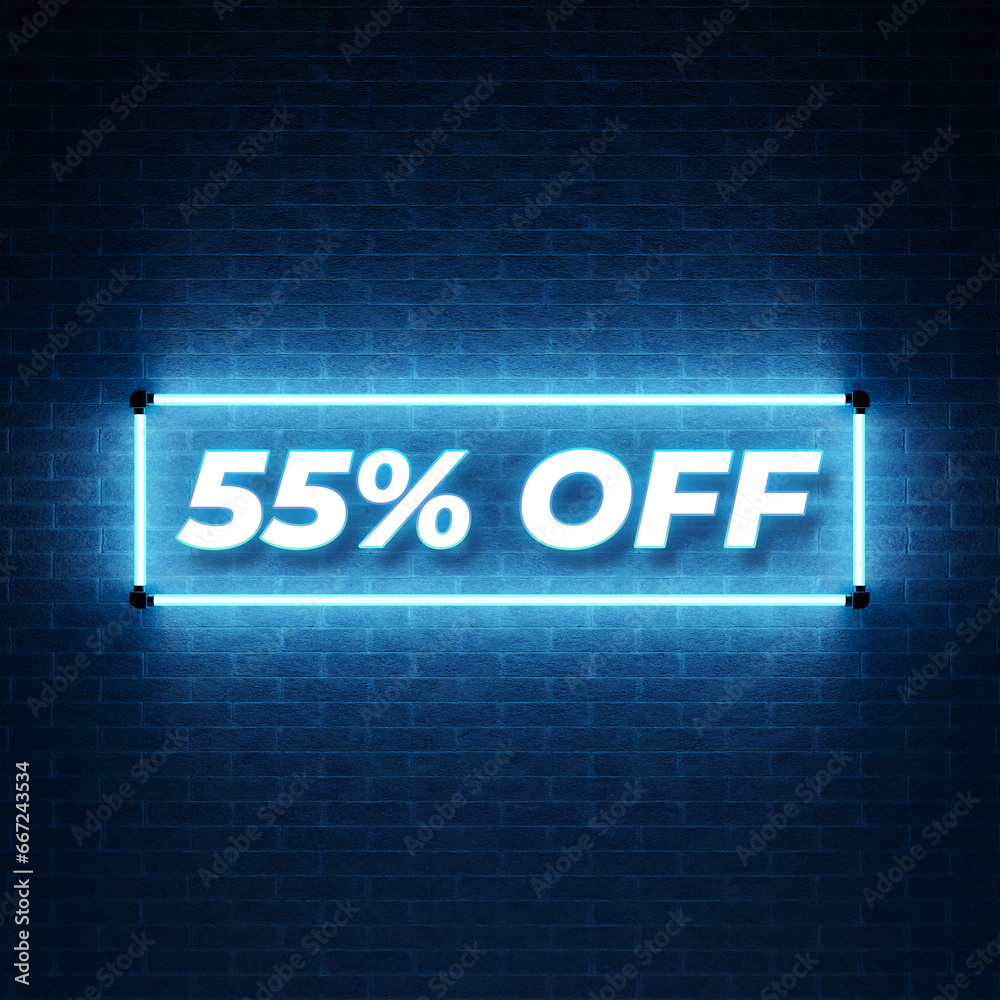 55% off sale neon banner. Mega sale, black Friday, neon glow in dark. Neon discount light signs on a dark background. Percent off 3d Sign Background, Special Offer 55% Discount Tag. 3D Rendering