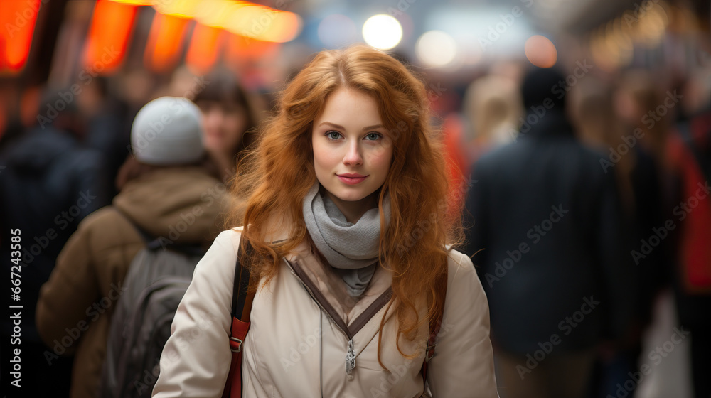 A young redhead woman stands out amid the bustling city crowd, with lights creating a warm background ambiance A young redhead woman stands out amid the bustling city crowd, with lights creating a warm background ambiance