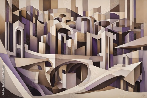 An abstract composition that embodies 'architectural surrealism,' with impossible structures and intricate spatial distortions, utilizing a palette of muted sepia tones and subtle violets. photo
