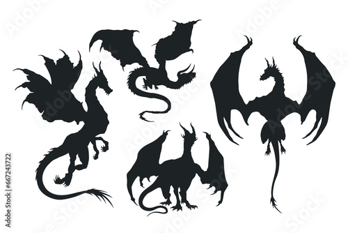 Isolated dragon silhouettes. Black drawing of fantasy monster. Medieval legendary reptiles. Fairytale clip art