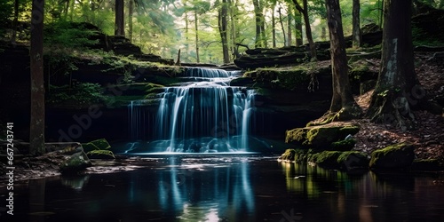 A panoramic shot of a waterfall in the woods in spring