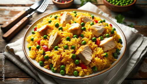Photo of a freshly prepared dish of Arroz con Pollo served on a white plate. 