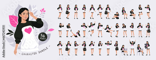 Asian girl, korean woman in oversized crewneck, pretty female character set. Youth fashion bundle, loose sweatshirt and shorts casual wear. Social media, korea style, beauty kit. Vector cartoon