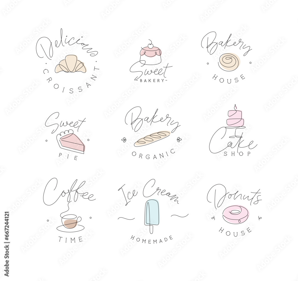 Linear bakery and dessert labels croissant, cupcake, pie, baguette, cake, coffee, ice cream, doughnut with lettering drawing in pen line style on light background