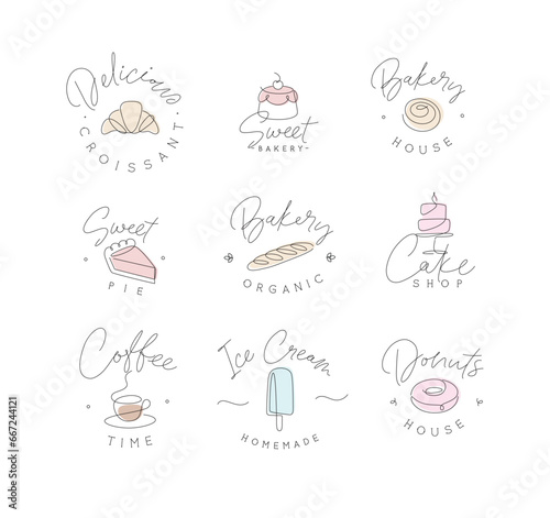 Obraz na płótnie Linear bakery and dessert labels croissant, cupcake, pie, baguette, cake, coffee, ice cream, doughnut with lettering drawing in pen line style on light background w salonie