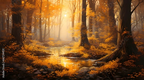 Mysterious autumn forest at sunset. Panoramic image. © Iman