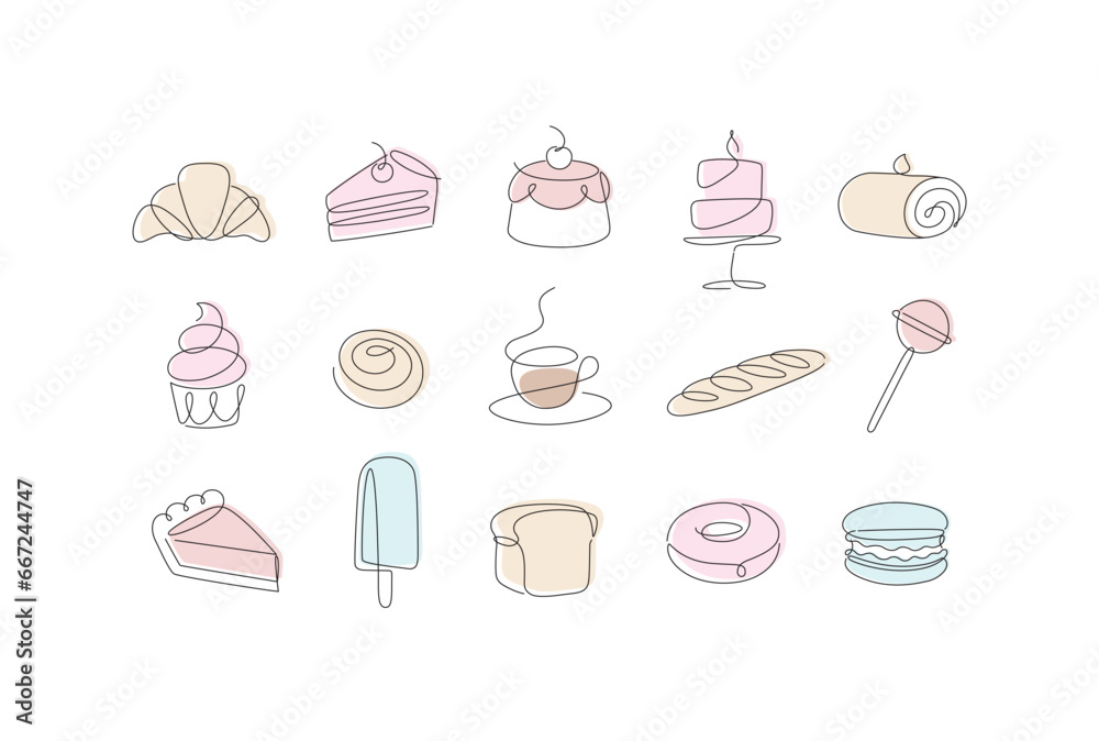 Linear bakery and dessert icons cupcake, lollipop, coffee, baguette, pie, doughnut, ice cream, cake, macaroon, bread, biscuit drawing in pen line style on light background
