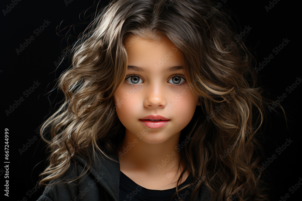 Naklejka premium Head shot portrait of cute little girl posing for camera. Generative Ai.