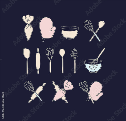 Linear bakery tools pastry bag, potholder, bowl, whisk, spoon, rolling pin, spatula drawing in pen line style on black background