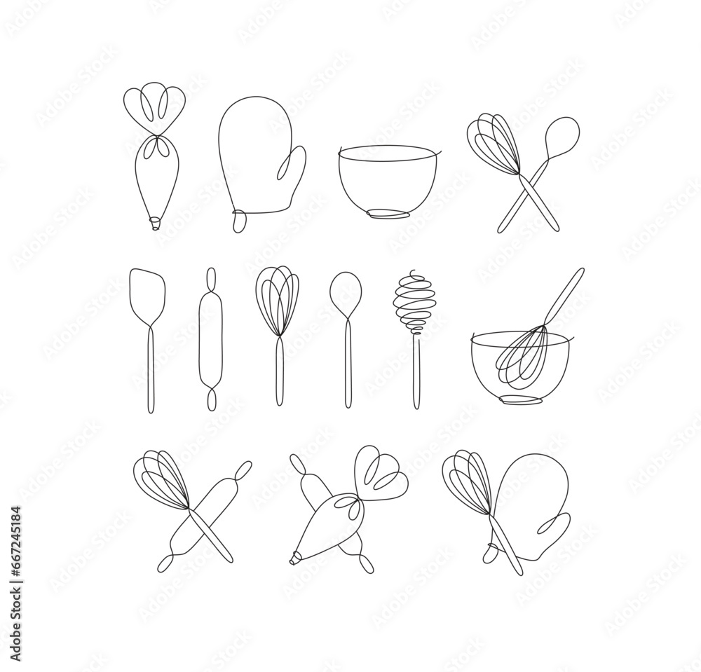 Linear bakery tools pastry bag, potholder, bowl, whisk, spoon, rolling pin, spatula drawing in pen line style on white background