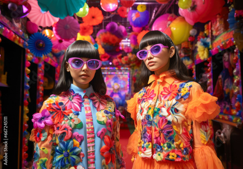 Two women in colorful clothing standing in a corridor,.