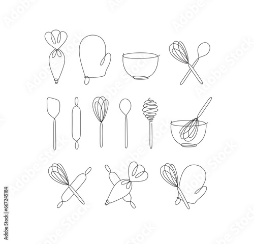 Linear bakery tools pastry bag, potholder, bowl, whisk, spoon, rolling pin, spatula drawing in pen line style on white background