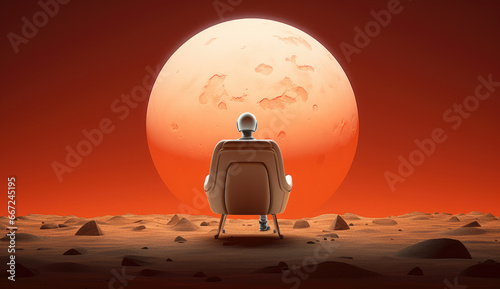 An astronaut sitting in his chair in front of an orange planet.
