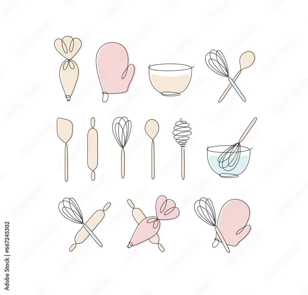 Linear bakery tools pastry bag, potholder, bowl, whisk, spoon, rolling pin, spatula drawing in pen line style on light background