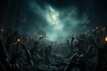Halloween night background of numerous scary and creepy zombie hands rising from dark shadows. Generative Ai.