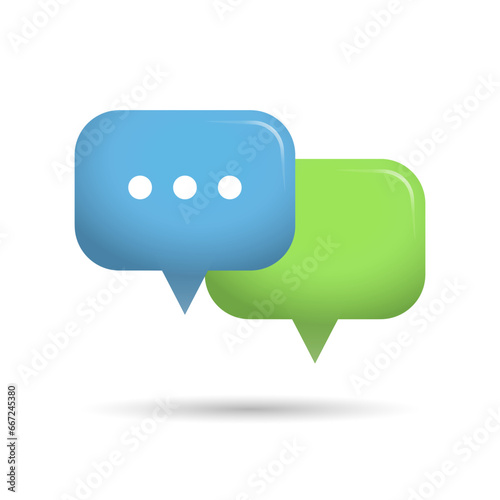 3D social media notification, speech bubbles with three dots, ellipses. Button on white background, vector