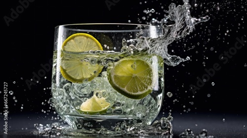 Gin Tonic with ice cubes, lemon and rosemary on black background. Alcohol Concept. Background with Copy Space.