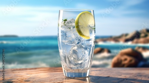 Blue cocktail with ice and lemon on a wooden table on the background of the sea. Alcohol Concept. Background with Copy Space.