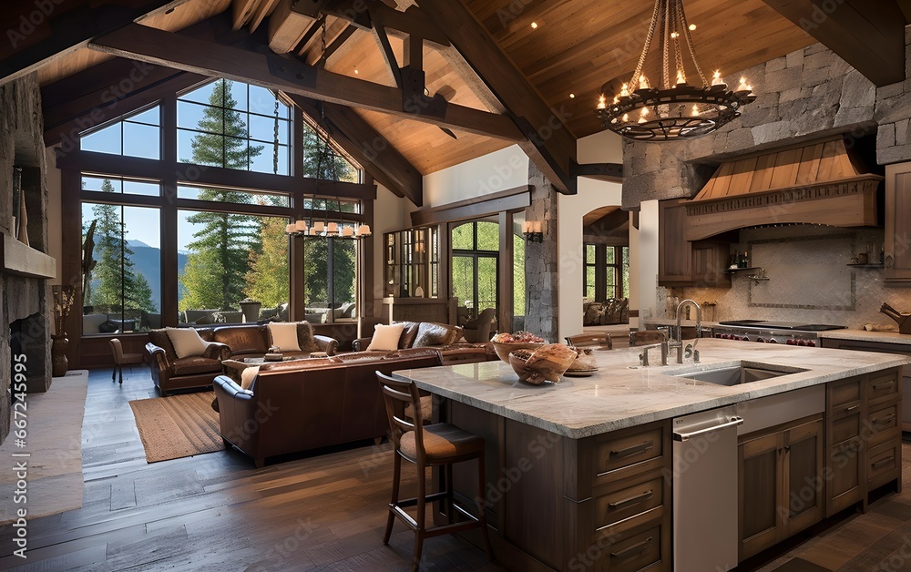 Panorama of modern kitchen with wooden ceiling and wooden countertop.