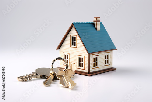 House keys and house model as keychain on white background. Mortgage, investment, real estate, property and new home concept. Generative AI