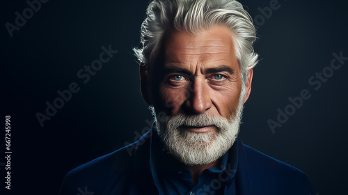 Elegant smiling elderly blond Caucasian with gray hair with perfect skin, on a silver background, banner. photo