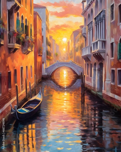 Digital painting of a bridge over a canal in Venice Italy during sunset © Iman