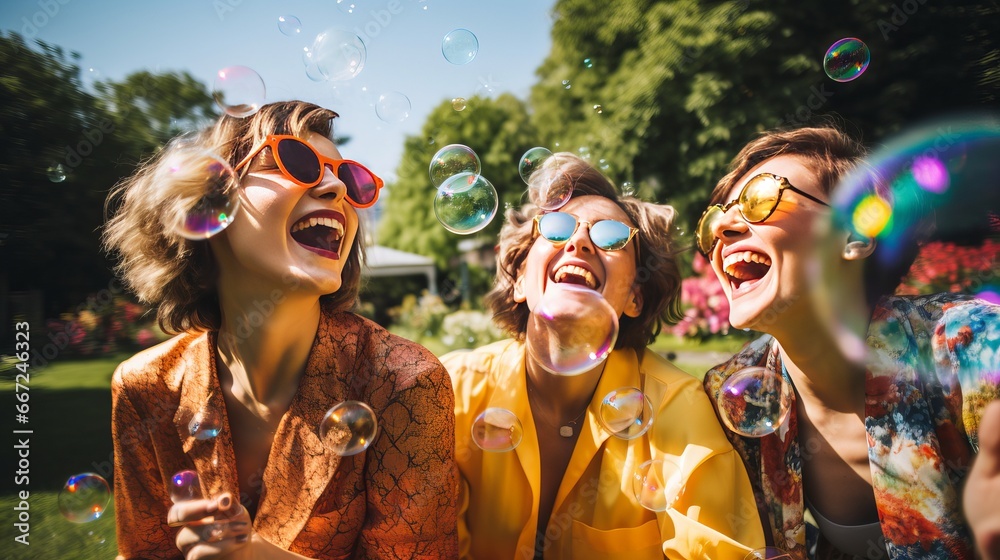 Blowing bubbles in a park with three joyful women is enjoyable.