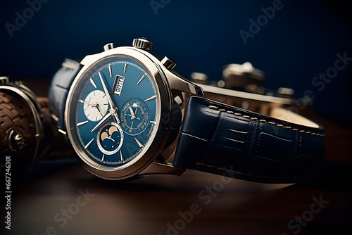 Wristwatch on a wooden table. Close-up. 3d rendering