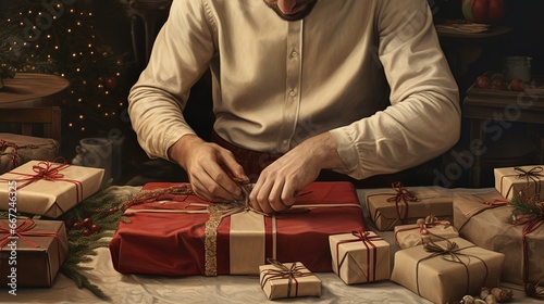 man stands near the table and prepares boxes with bows while celebrating Christmas at home