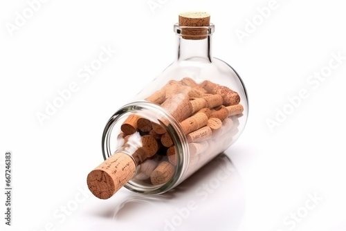 Transparent glass bottle with cork and reflection isolated on white background. Generative AI