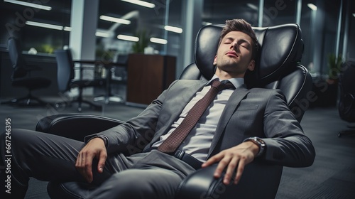 An exhausted businessman rests on a chair in the workplace.
