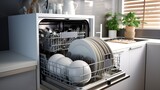 Modern built-in dishwasher with clean dishes on the kitchen countertop
