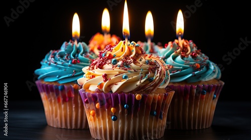 Birthday Cupcakes with Rainbow Cream and Candles