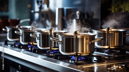 Fototapeta Naklejka Na Ścianę i Meble -  Stainless Steel Pots on Large Stove in Cafe Kitchen