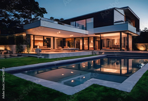 Luxury modern house with swimming pool at night. AI generated. © Julia Vadi