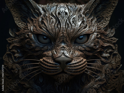 Close up portrait of a cat with oriental ornament woodcarving elements background