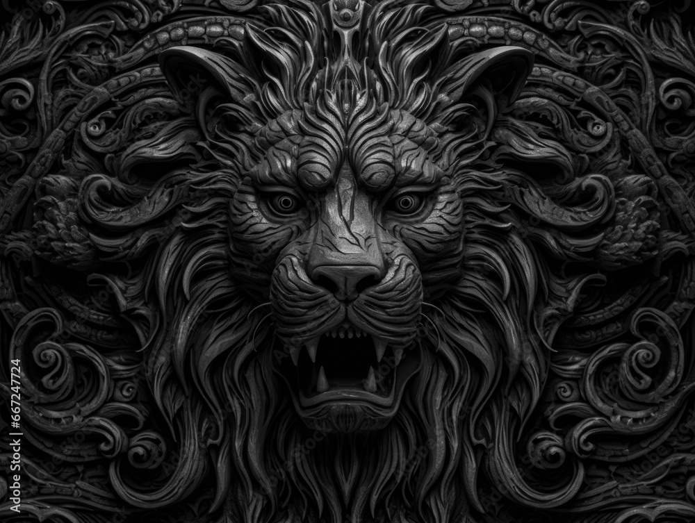 Close up portrait of a lion with oriental ornament woodcarving elements background