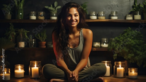 A happy young woman practices meditation at home in front of some herbs and lit candles.