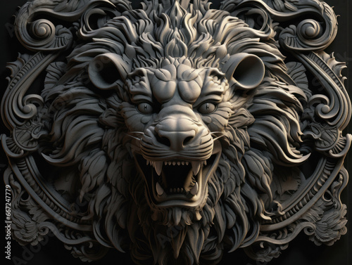 Close up portrait of a lion with oriental ornament woodcarving elements background