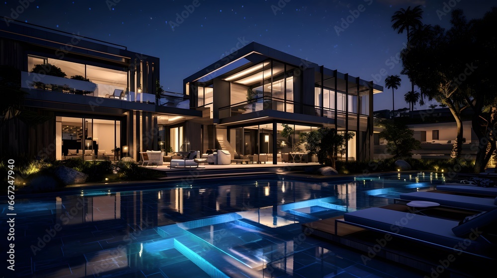 Luxury modern house with swimming pool at night. Panorama.